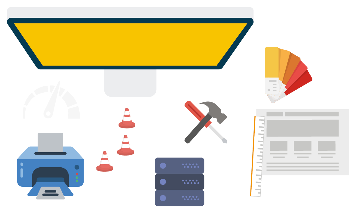 Illustratie van een beeldscherm, printer, servers, gereedschap en een kleurenwaaier