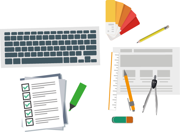 Toetsenbord, kleurenwaaier, schetsen en checklist op een bureau